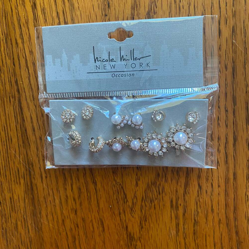 NWT Nicole Miller New‎ York 6-Pair Occasion Earrings Gold Color Rhinestone Pearl